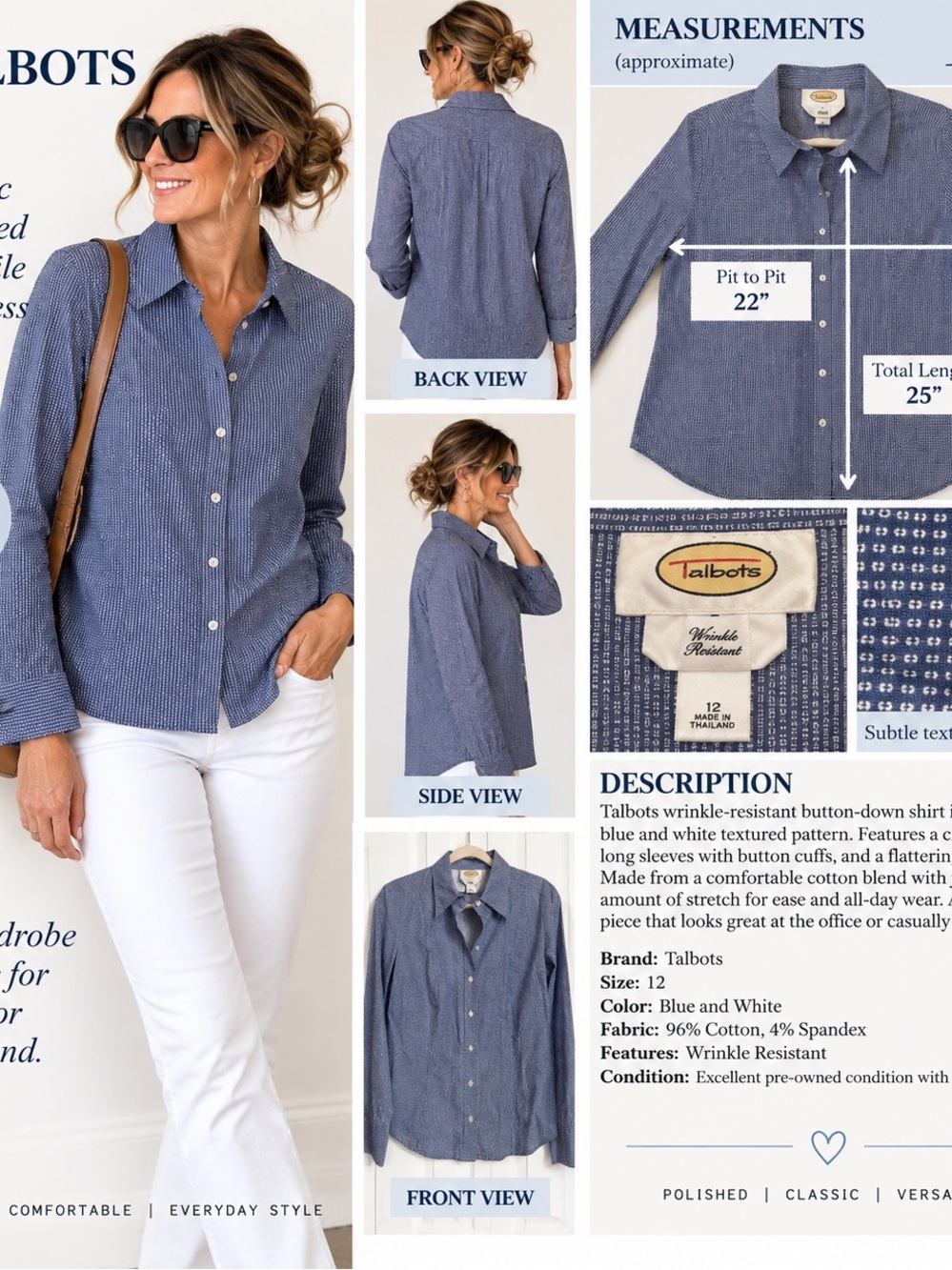 Talbots Navy and White Textured Button-Down Shirt #111